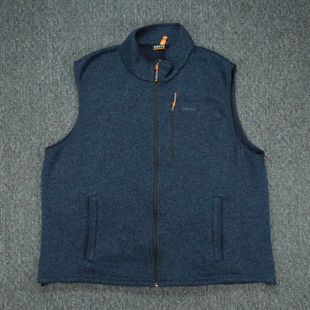 Orvis Vest Mens XXL Blue Recycled Sweater Full Zip Pockets Outdoor Hiking 2XL